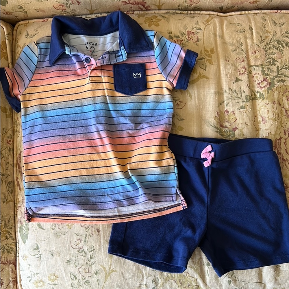 Crown & Ivy Kids Rainbow Striped Polo Shirt and Navy Shorts Set, 2T
